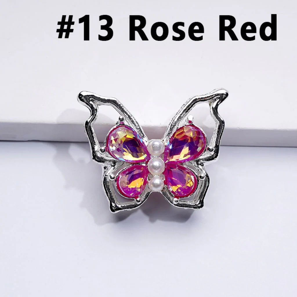 z-Silver Metal Beads Bling Bling Fancy Butterfly with Colorful Shiny Rhinestones and White Pearls 33×25MM