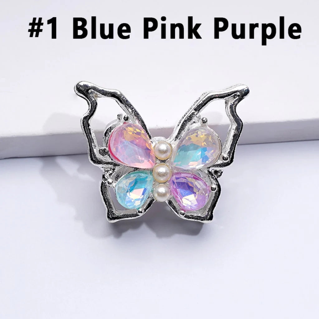 z-Silver Metal Beads Bling Bling Fancy Butterfly with Colorful Shiny Rhinestones and White Pearls 33×25MM