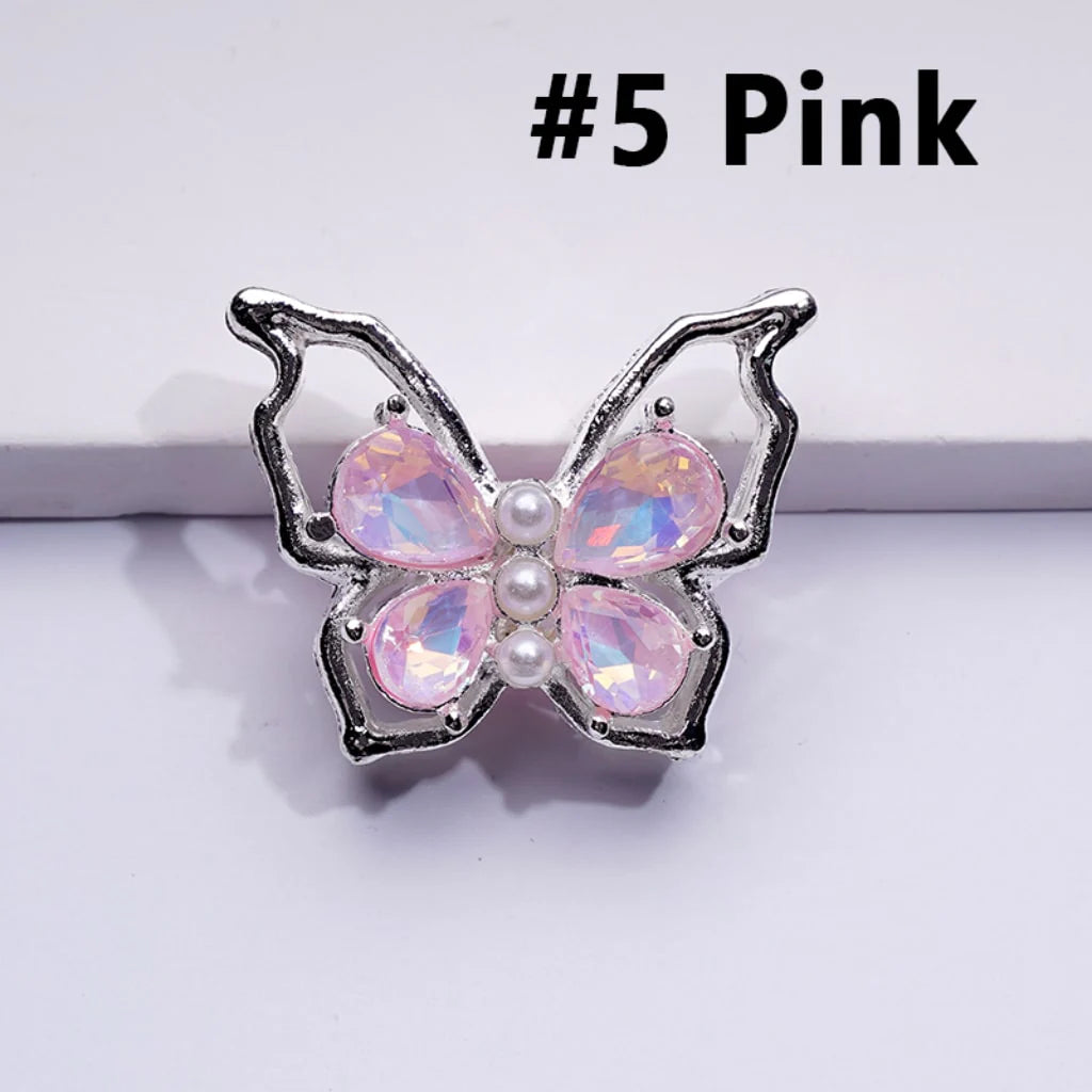 z-Silver Metal Beads Bling Bling Fancy Butterfly with Colorful Shiny Rhinestones and White Pearls 33×25MM