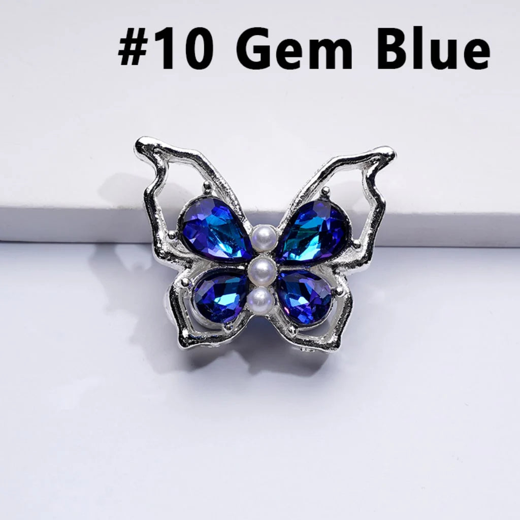 z-Silver Metal Beads Bling Bling Fancy Butterfly with Colorful Shiny Rhinestones and White Pearls 33×25MM