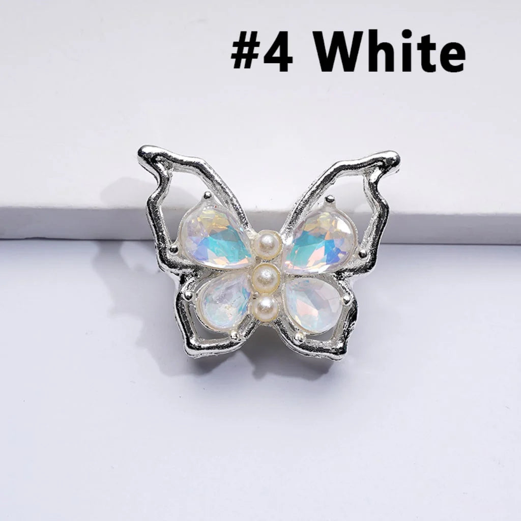 z-Silver Metal Beads Bling Bling Fancy Butterfly with Colorful Shiny Rhinestones and White Pearls 33×25MM