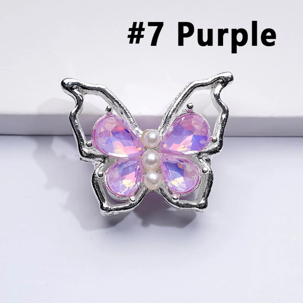z-Silver Metal Beads Bling Bling Fancy Butterfly with Colorful Shiny Rhinestones and White Pearls 33×25MM