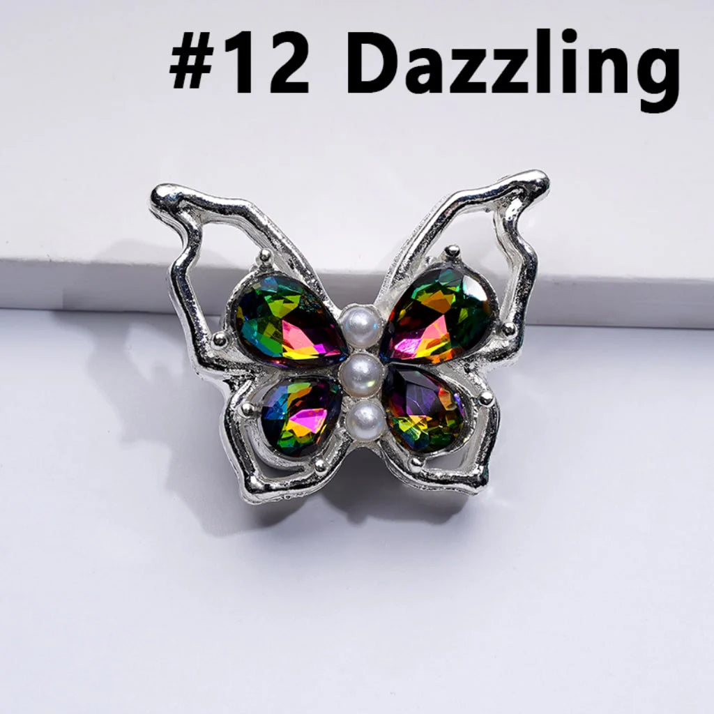 z-Silver Metal Beads Bling Bling Fancy Butterfly with Colorful Shiny Rhinestones and White Pearls 33×25MM