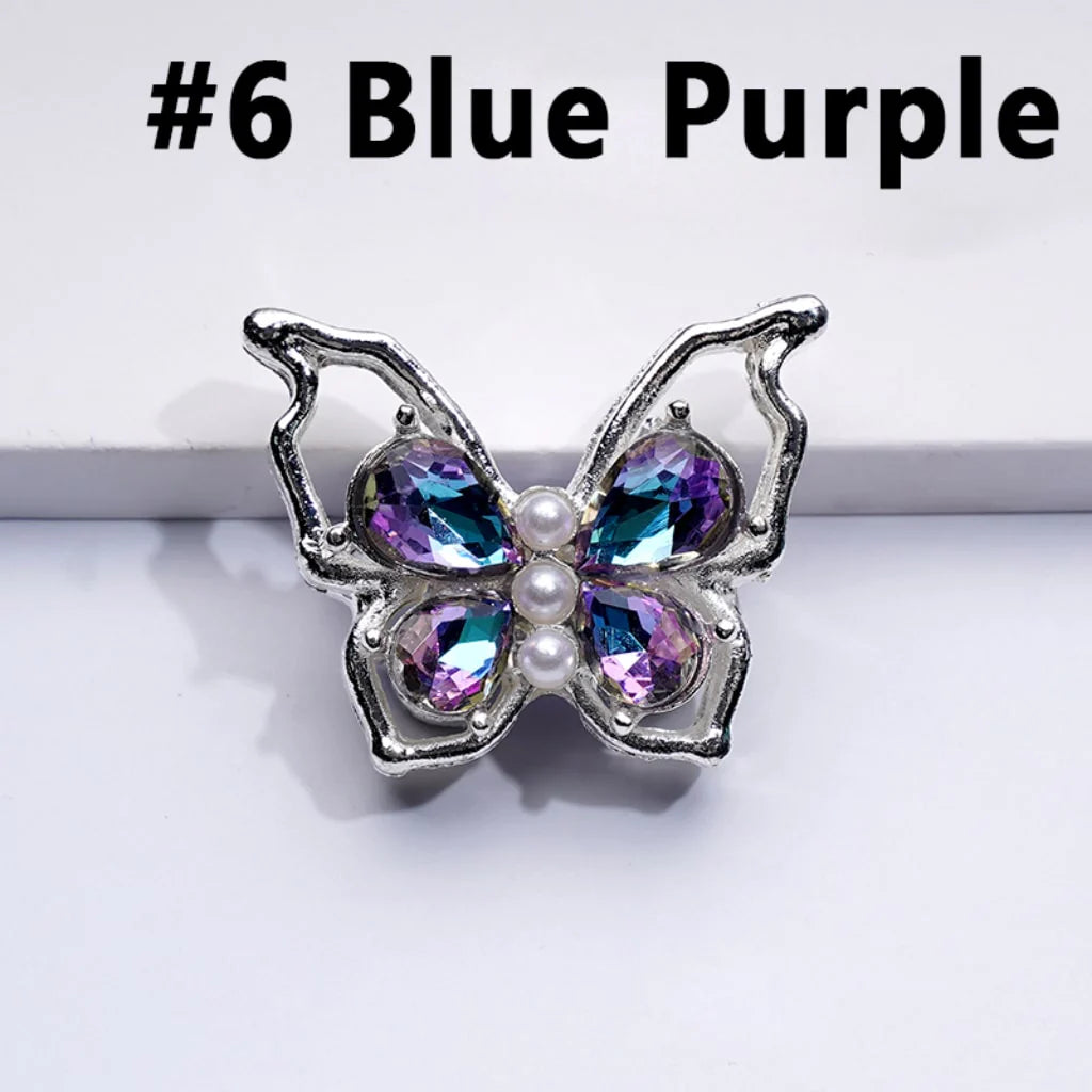 z-Silver Metal Beads Bling Bling Fancy Butterfly with Colorful Shiny Rhinestones and White Pearls 33×25MM