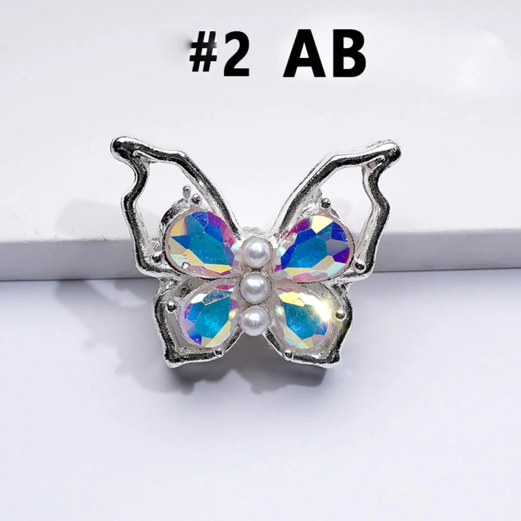 z-Silver Metal Beads Bling Bling Fancy Butterfly with Colorful Shiny Rhinestones and White Pearls 33×25MM