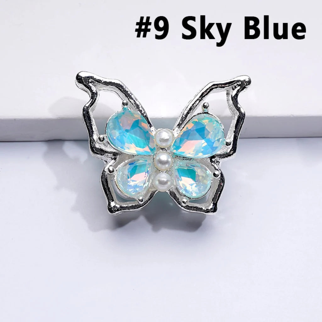 z-Silver Metal Beads Bling Bling Fancy Butterfly with Colorful Shiny Rhinestones and White Pearls 33×25MM