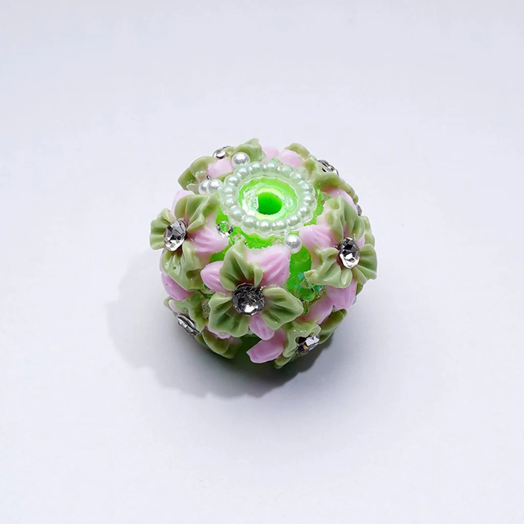 z-Multi-Color Cute Flowers Clear Rhinestone Inside White Pearls Ring Clear Sugars Round Clay Beads, 20MM