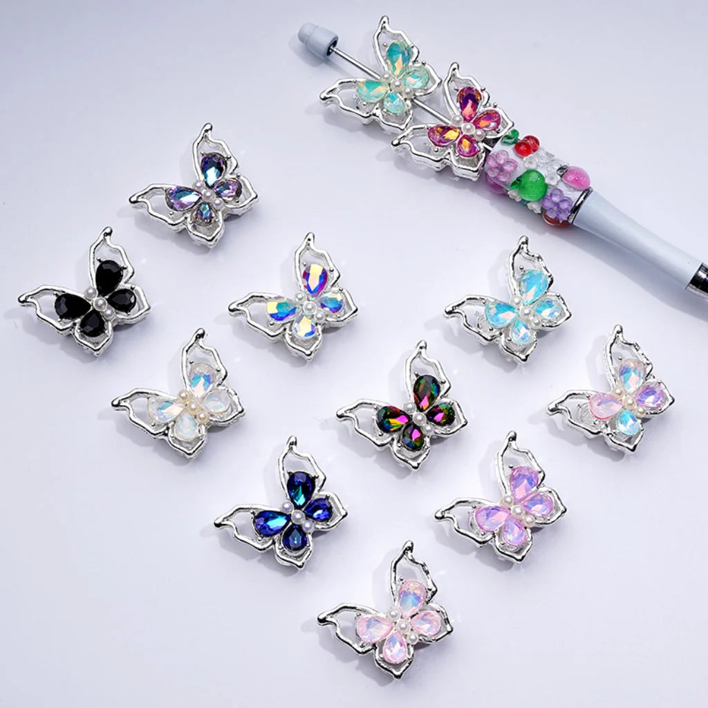 z-Silver Metal Beads Bling Bling Fancy Butterfly with Colorful Shiny Rhinestones and White Pearls 33×25MM