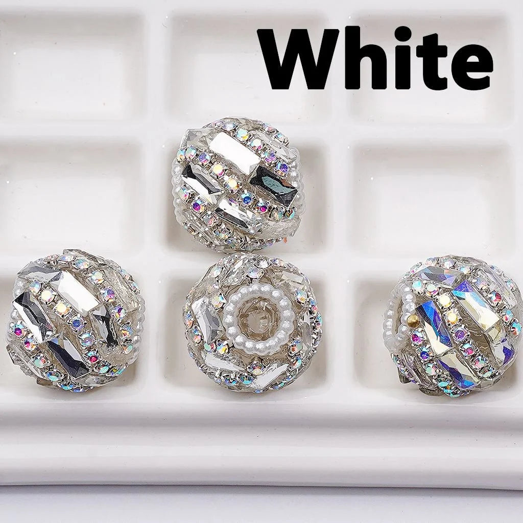 z-Spiral Style Shiny Rectangle & AB Rhinestones Chains White Pearls Loop Acrylic Beads, 20MM