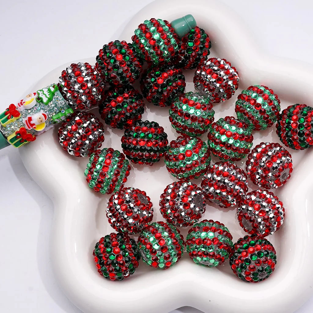 z-Double Color Shiny Rhinestones Stripes Round Acrylic Beads, 20MM