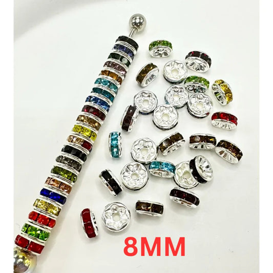 z-Flat Round Metal Spacers with Rhinestones, Random Mix Color, 8mm