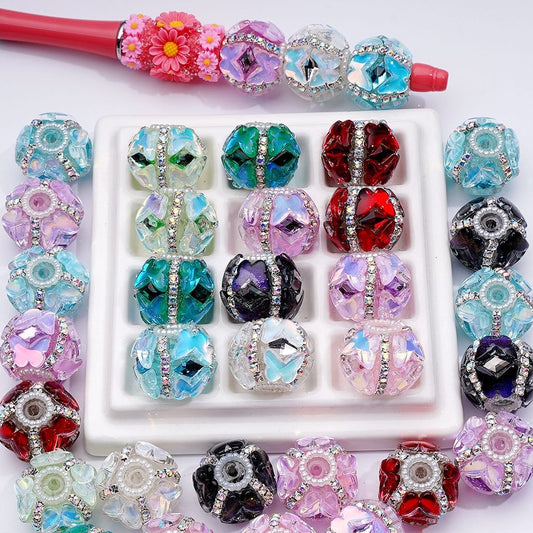 z-Multi-Color Shiny Butterflies AB Rhinestones Chains White Pearls Loop Clear Acrylic Beads, 20MM, Random Mix