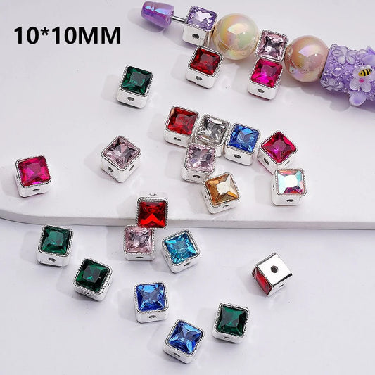 z-Silver Color Metal Beads Spacer Shiny Cube Square Rhinestones Jewelry Accessories, 10*10MM, Random Mix