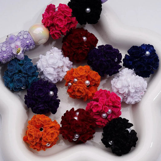 z-Cute Flocked Flowers White Pearls Round Clay Beads, 25MM, Random Mix