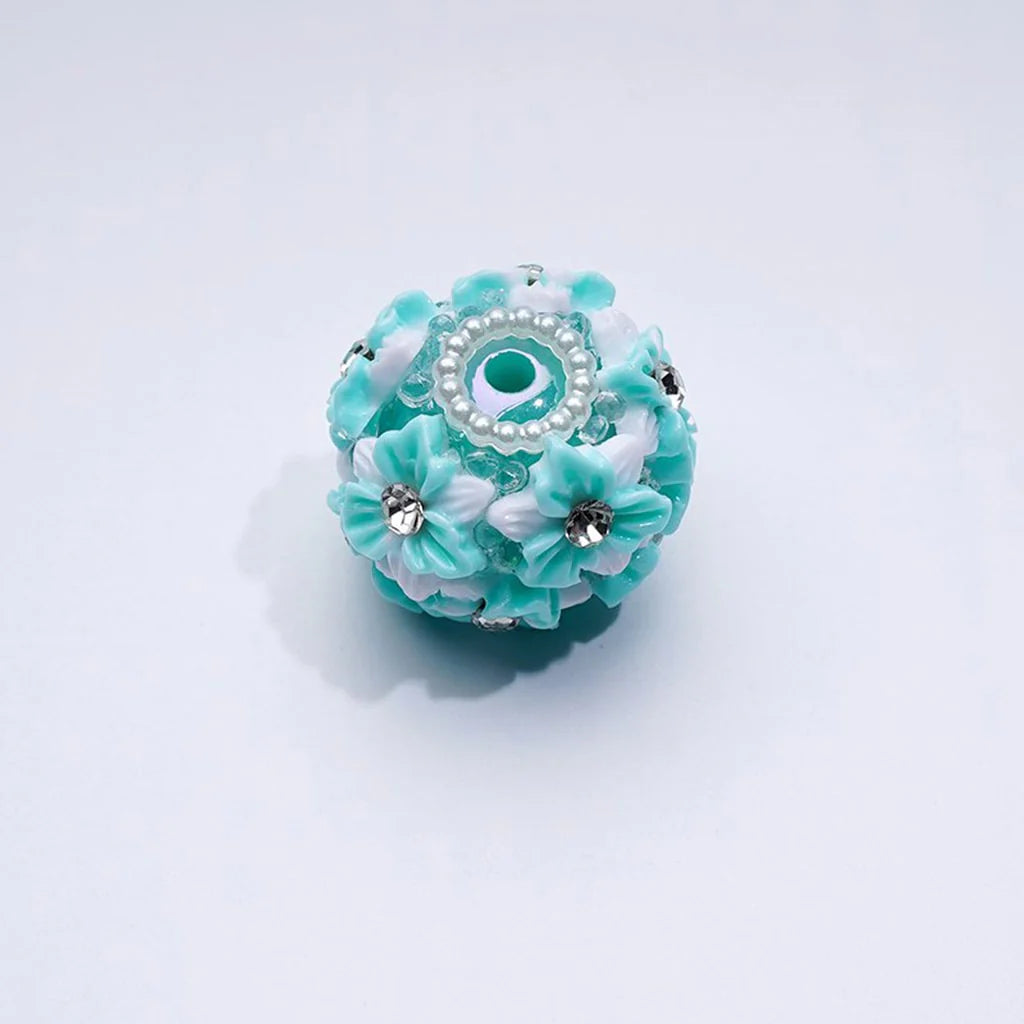 z-Multi-Color Cute Flowers Clear Rhinestone Inside White Pearls Ring Clear Sugars Round Clay Beads, 20MM