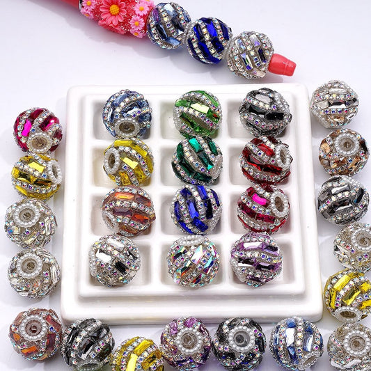 z-Spiral Style Shiny Rectangle & AB Rhinestones Chains White Pearls Loop Acrylic Beads, 20MM