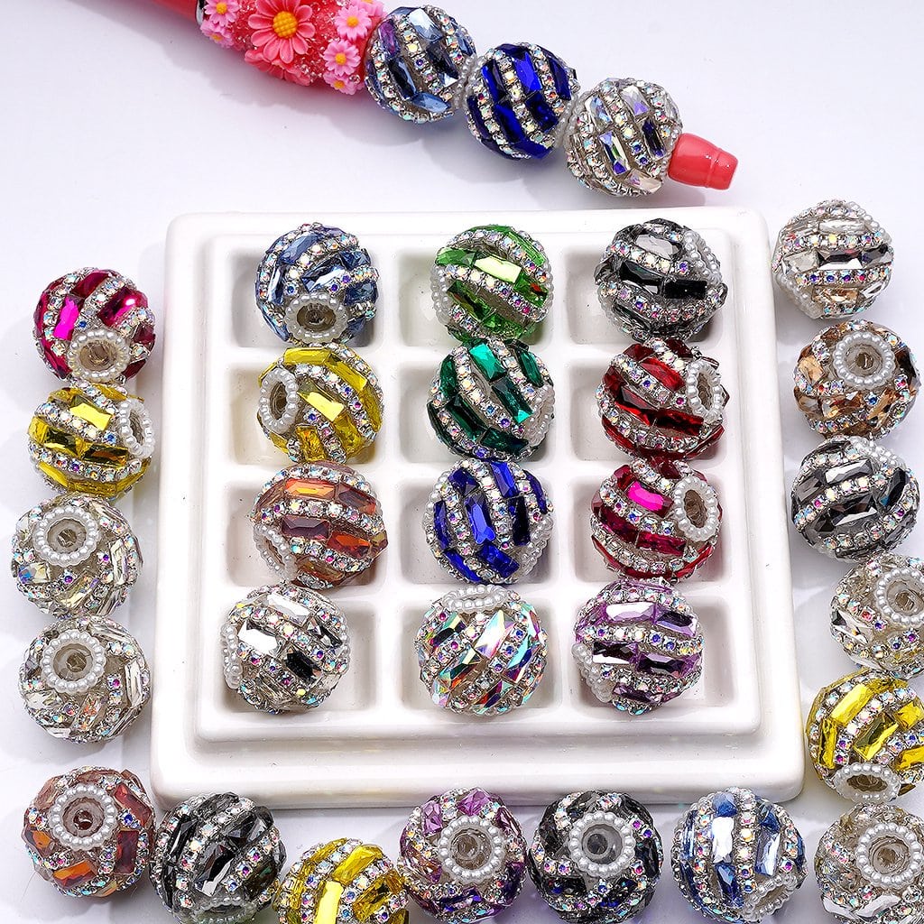 z-Spiral Style Shiny Rectangle & AB Rhinestones Chains White Pearls Loop Acrylic Beads, 20MM