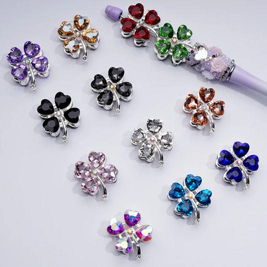 z-Silver Metal Beads Mini AB Rhinestones & Delicate Fancy Four Leaf Clover with Color Hearts and 25×30MM
