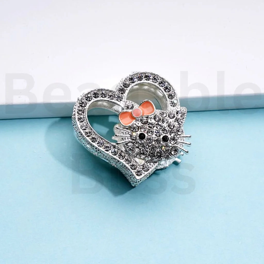 z-Silver Color Metal Beads Vivid Cute Cat Character Kitten with Clear Rhinestones, 27*28 MM Random Mix