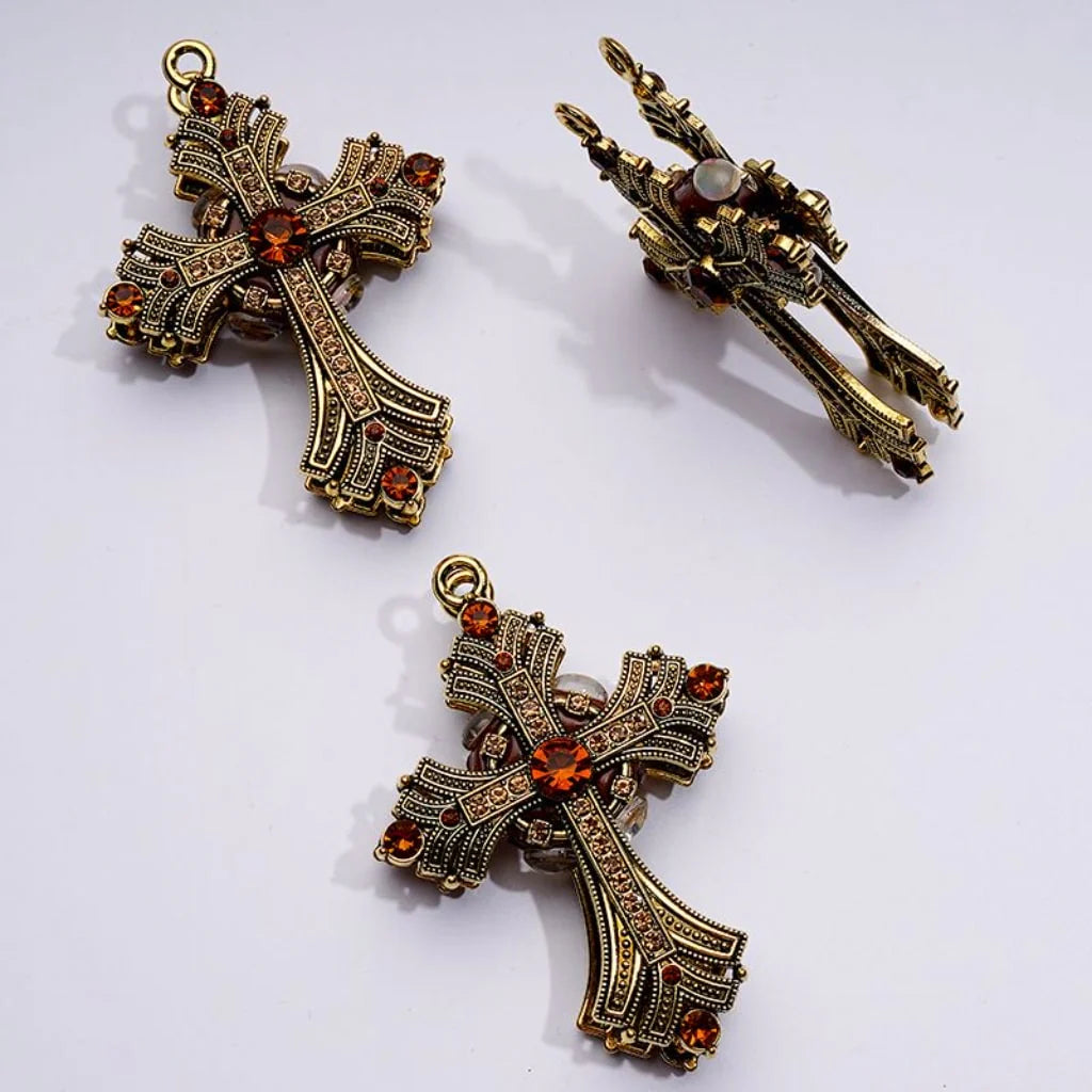 z-Large Delicate Fancy Dark Gold Alloy Cross with Small Ring Shiny Rhinestones Clay Beads, Around 74*52MM