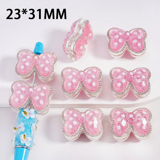 z-Silver Color Metal Beads with White Polka Dots over Glittery Pink Butterfly & Clear Rhinestones, 23*31MM