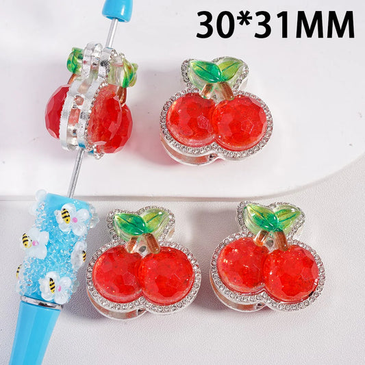 z-Silver Color Metal Beads with Glittery Cherry and Clear Rhinestones, 30*31MM