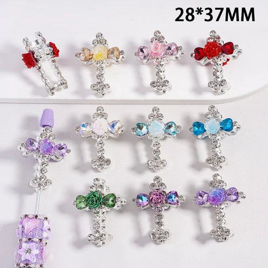 z-Silver Color Metal Beads, Fancy Cross with Clear Rhinestones & Rose Flower, 28*37MM, Random Mix