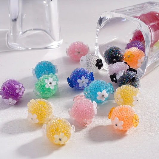 z-Hard Sugar Acrylic Beads in Solid Colors with Small AB Color Rhinestones and Small Flowers with Diamond, 14mm, Random Mix