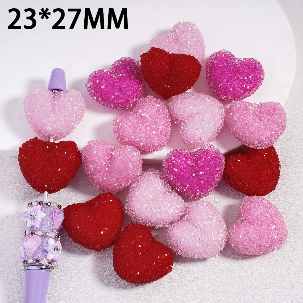 z-Acrylic Sugar Beads Heart with Clear and AB Rhinestones Valentine's Day Theme, 23*27MM, Multi-Color, Random Mix