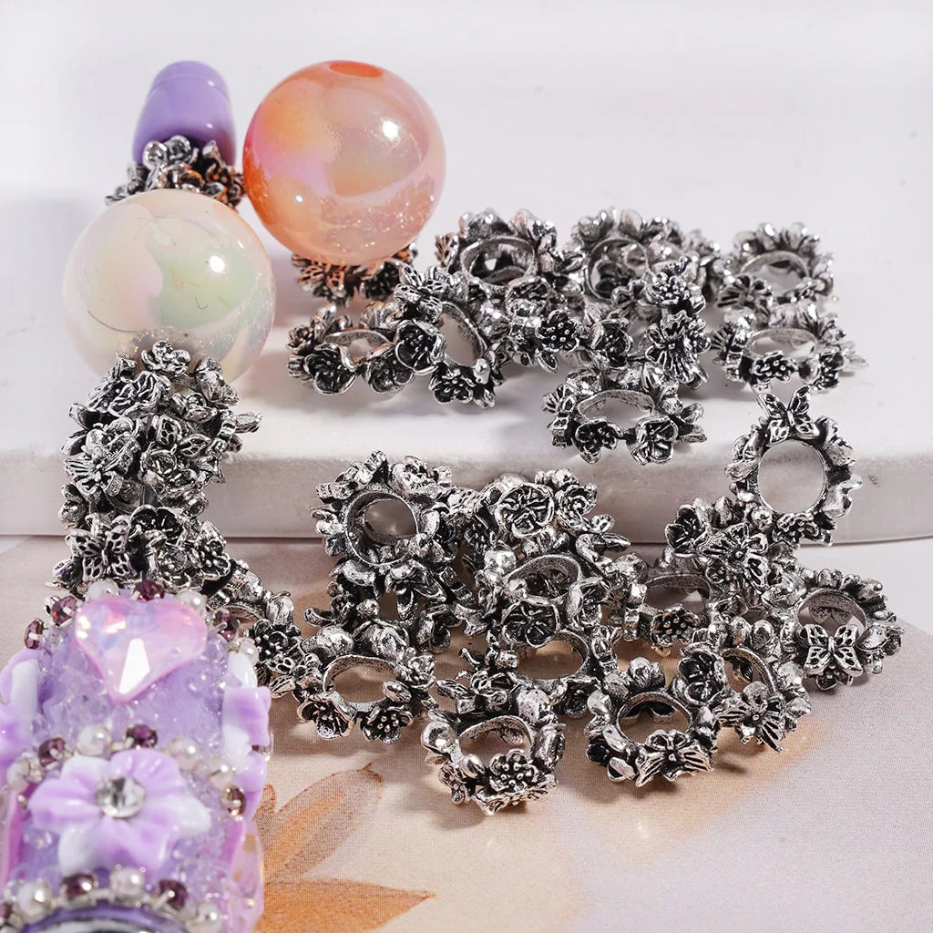 z-Metal Spacer with Butterflies and Flowers Design, Silver-Black Color, Big Hole Beads, 10*12MM