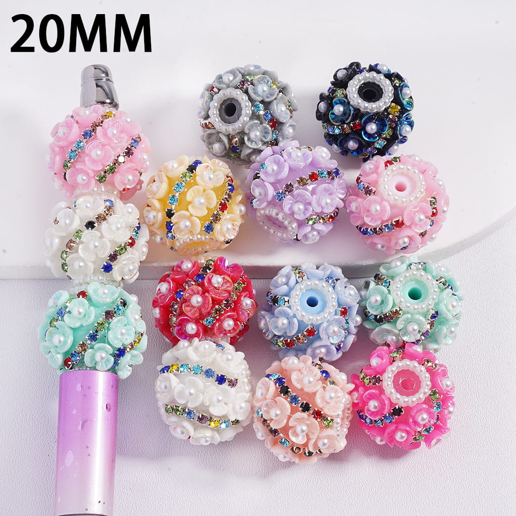 z-Acrylic Beads with Three-Petaled Flowers and White Pearls, Oblique Rhinestone Chains, 20MM, Multi-Color, Random Mix