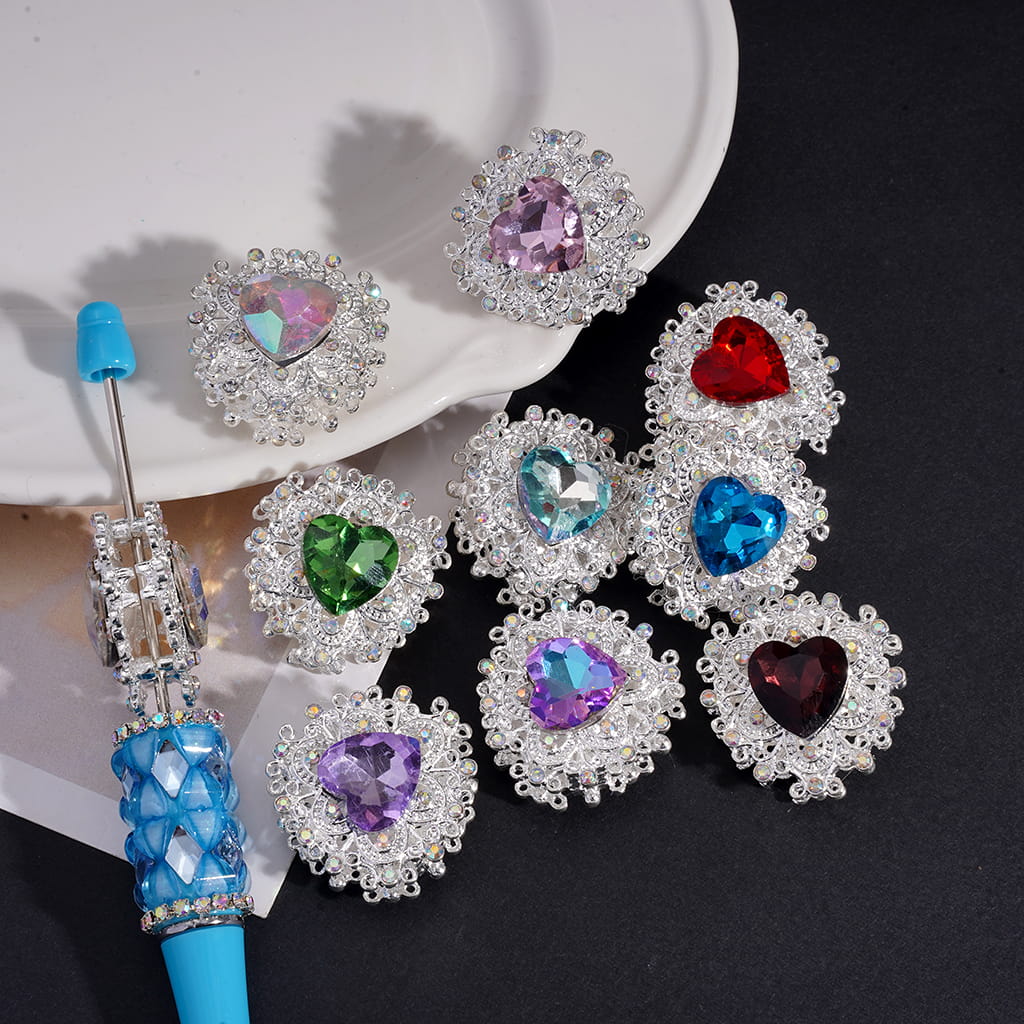 z-Silver Color Metal Beads with Bling Bling Heart with Colorful AB Rhinestones, 28*29 MM Random Mix