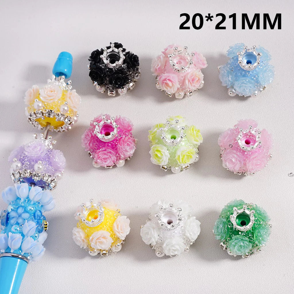 z-Sugar Acrylic Beads Shiny Glitter Flowers Silver Alloy Crown White Pearls Clear Rhinestones Chains Multi-Color 20*21MM