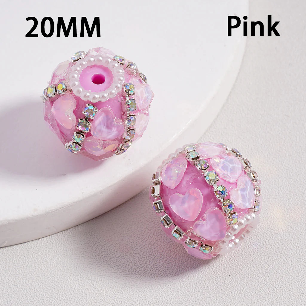 z-Acrylic Beads Cute Shiny Hearts AB Rhinestones Chains White Pearls Loops Multi-Color 20MM
