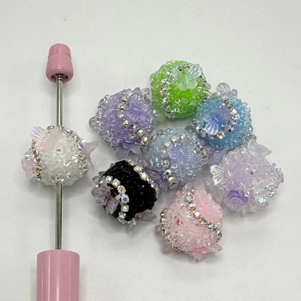 z-Sugar Beads With Butterfly Flower Rhinestone, Acrylic Beads, 16mm, Random Mix