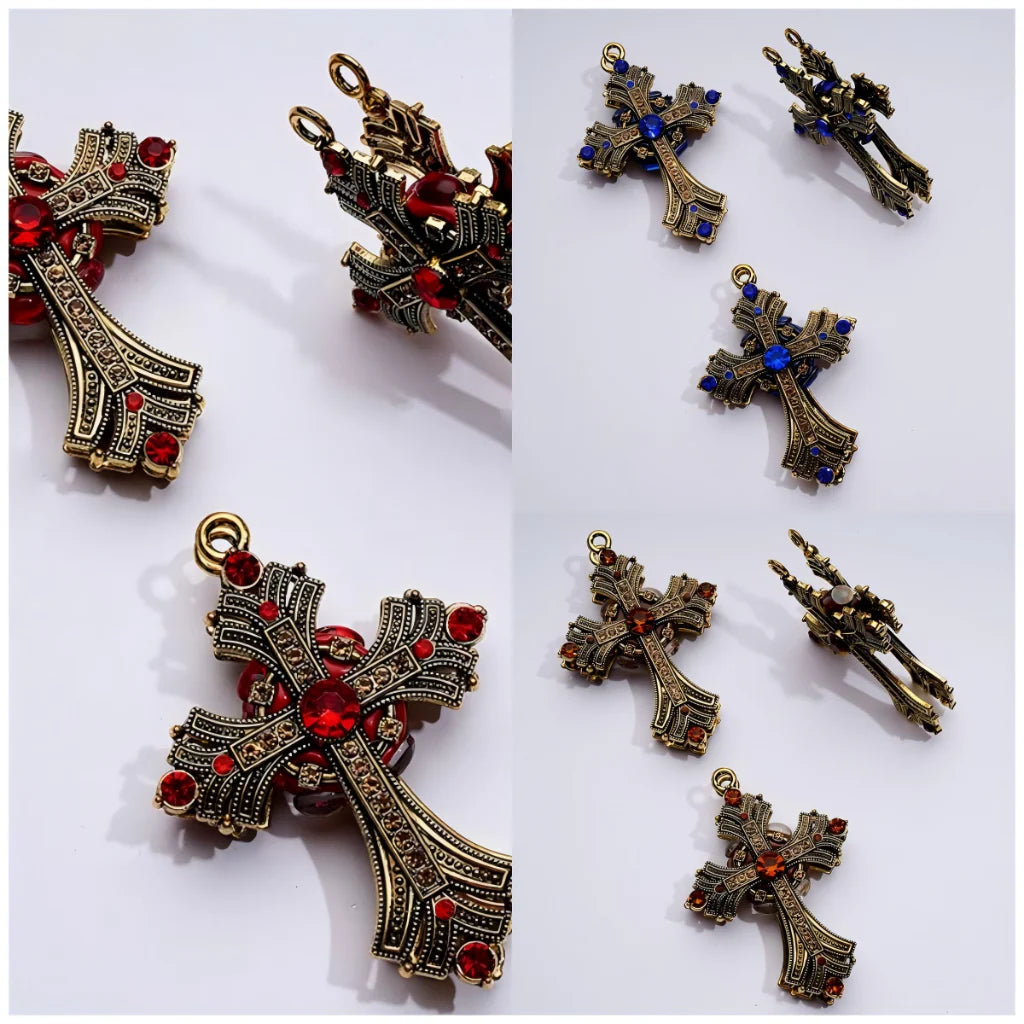 z-Large Delicate Fancy Dark Gold Alloy Cross with Small Ring Shiny Rhinestones Clay Beads, Around 74*52MM