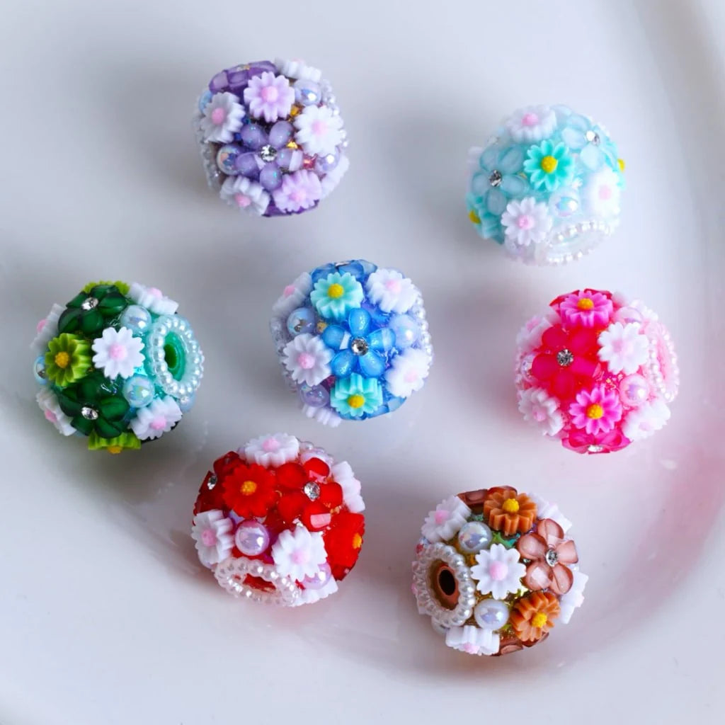 z-Mini Cute Flowers White Pearls Loop Clear Rhinestones Round Acrylic Beads, Around 20MM