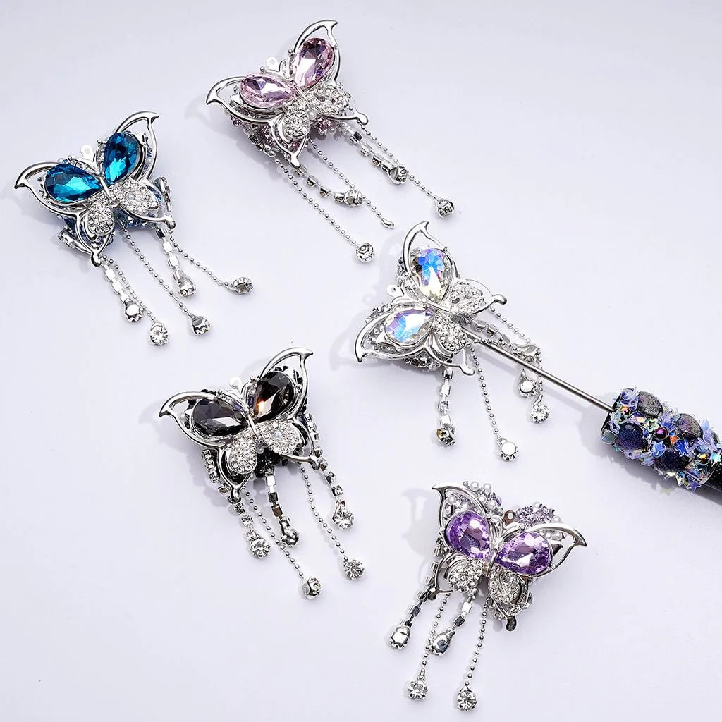 z-Bling Bling Fancy Silver Alloy Butterfly with Shiny Rhinestones Metal Chains White Pearls Sugar Acrylic Beads, Around 40*60MM