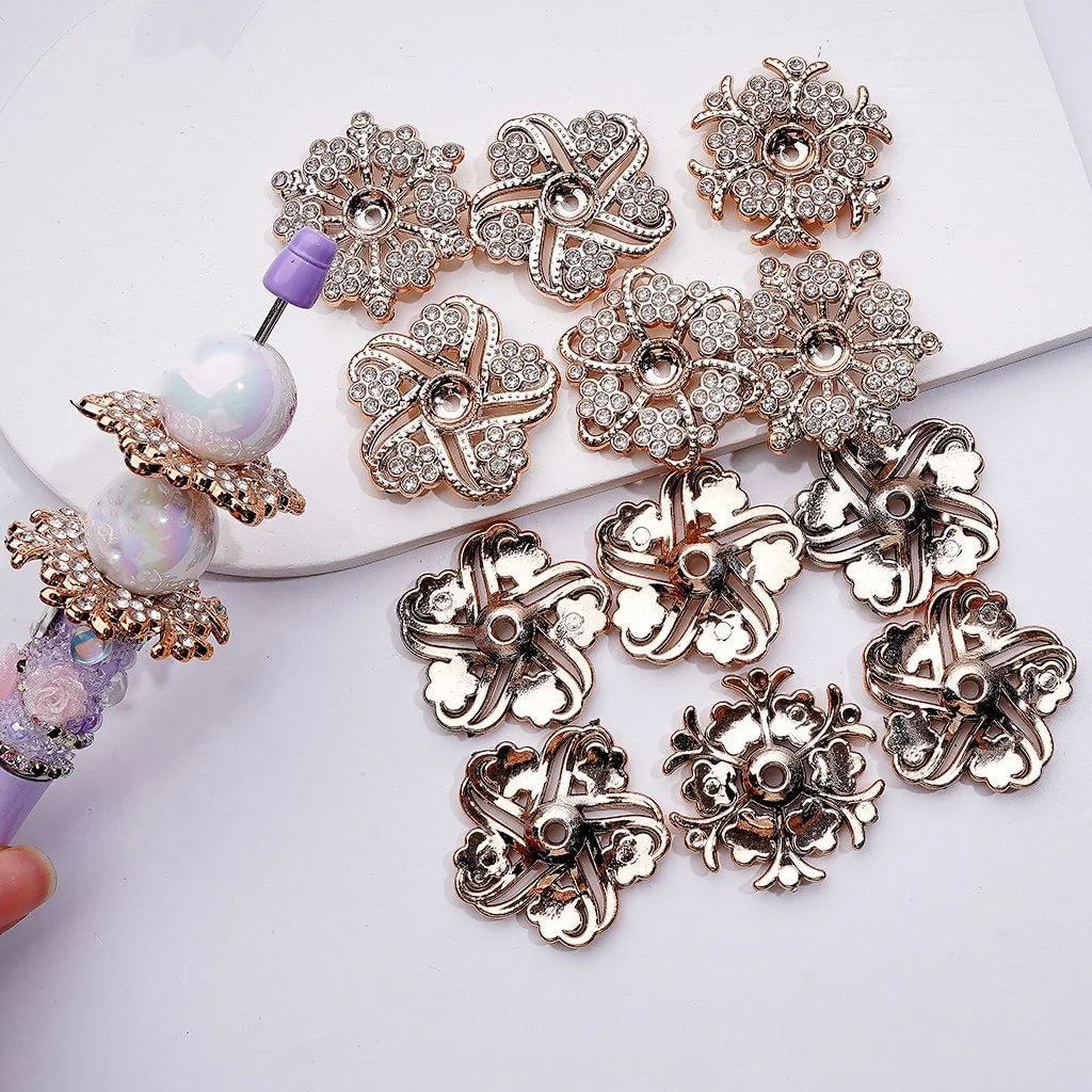 z-Gold Acrylic Exquisite Flower with Clear Rhinestones Jewelry Accessories Spacer, Around 35MM, Random Mix