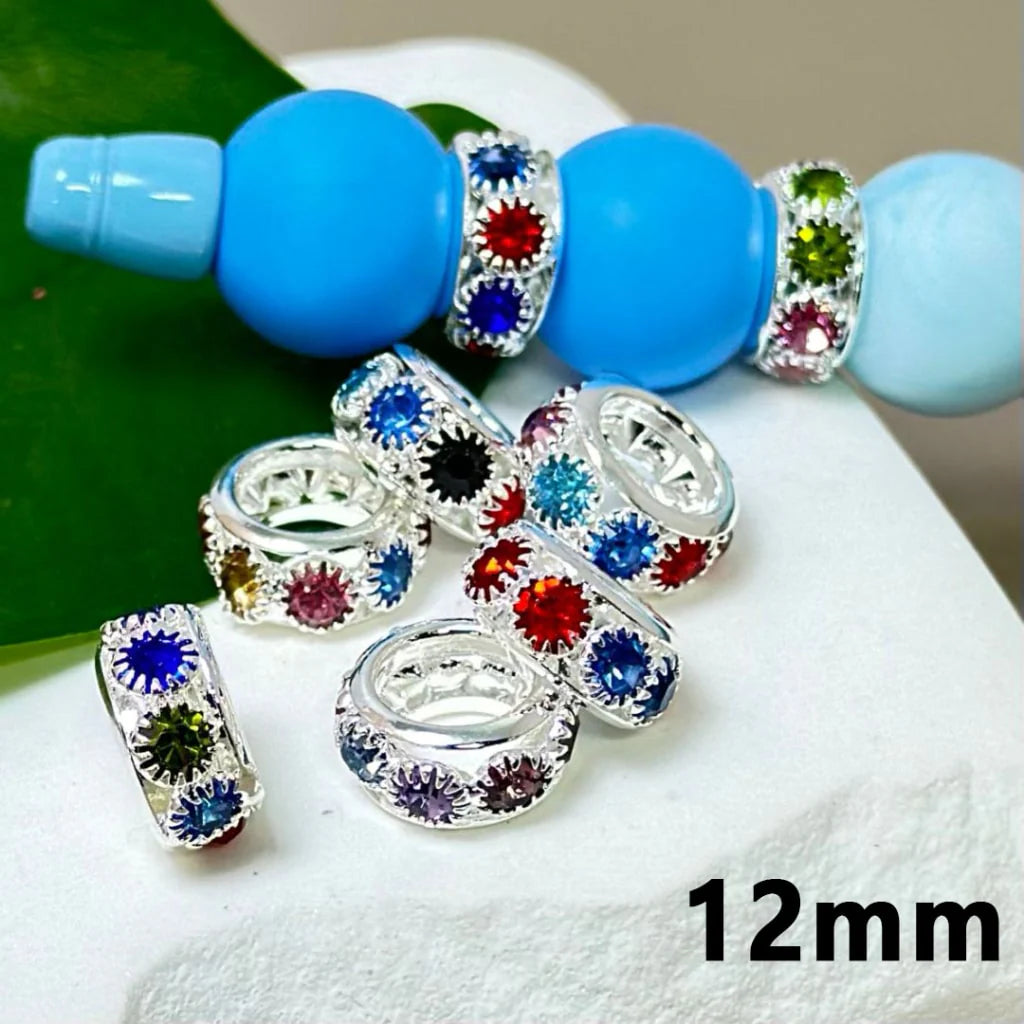 z-Silver Metal Beads with Colorful Mini Rhinestones & Delicate Ring Spacer 12MM