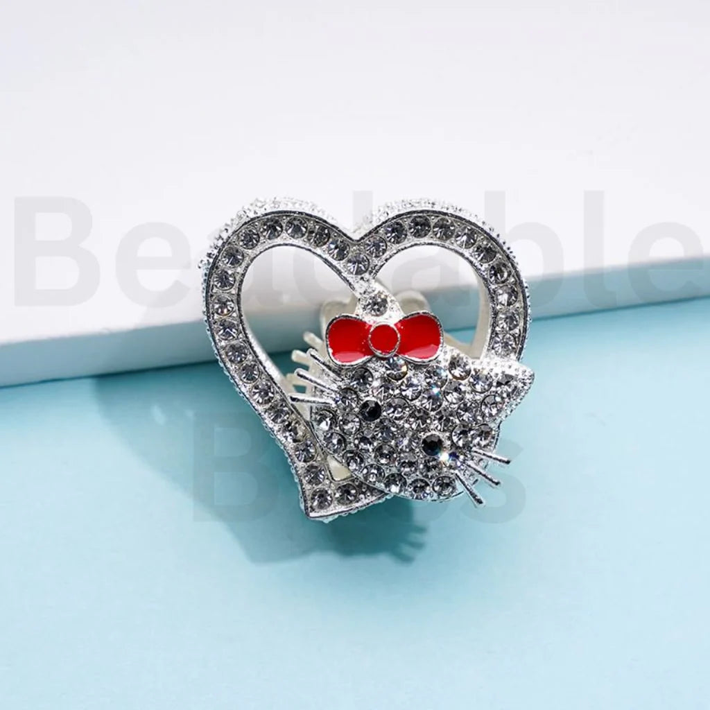 z-Silver Color Metal Beads Vivid Cute Cat Character Kitten with Clear Rhinestones, 27*28 MM Random Mix