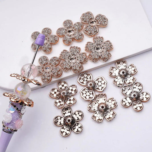 z-Gold Acrylic Large Petal Flower with Clear Rhinestones Jewelry Accessories Spacer, Around 30MM, Random Mix