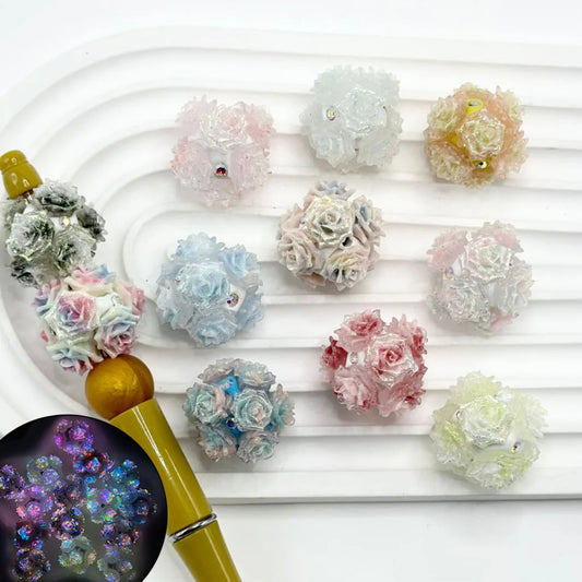 z-Luminous Ombre Color Glitter Flowers AB Rhinestones Round Clay Beads, Random Mix, Around 24MM