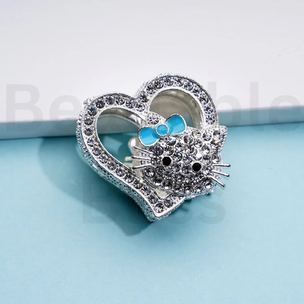 z-Silver Color Metal Beads Vivid Cute Cat Character Kitten with Clear Rhinestones, 27*28 MM Random Mix