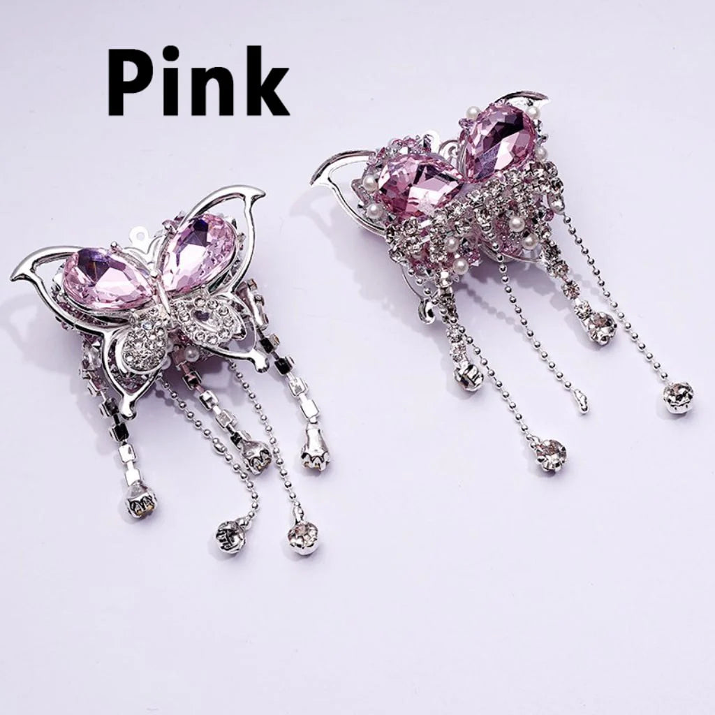 z-Bling Bling Fancy Silver Alloy Butterfly with Shiny Rhinestones Metal Chains White Pearls Sugar Acrylic Beads, Around 40*60MM