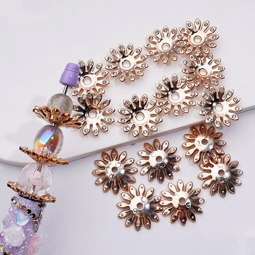 z-Gold Acrylic Mini Flower with Clear Rhinestones Jewelry Accessories Spacer, Around 24MM, Random Mix