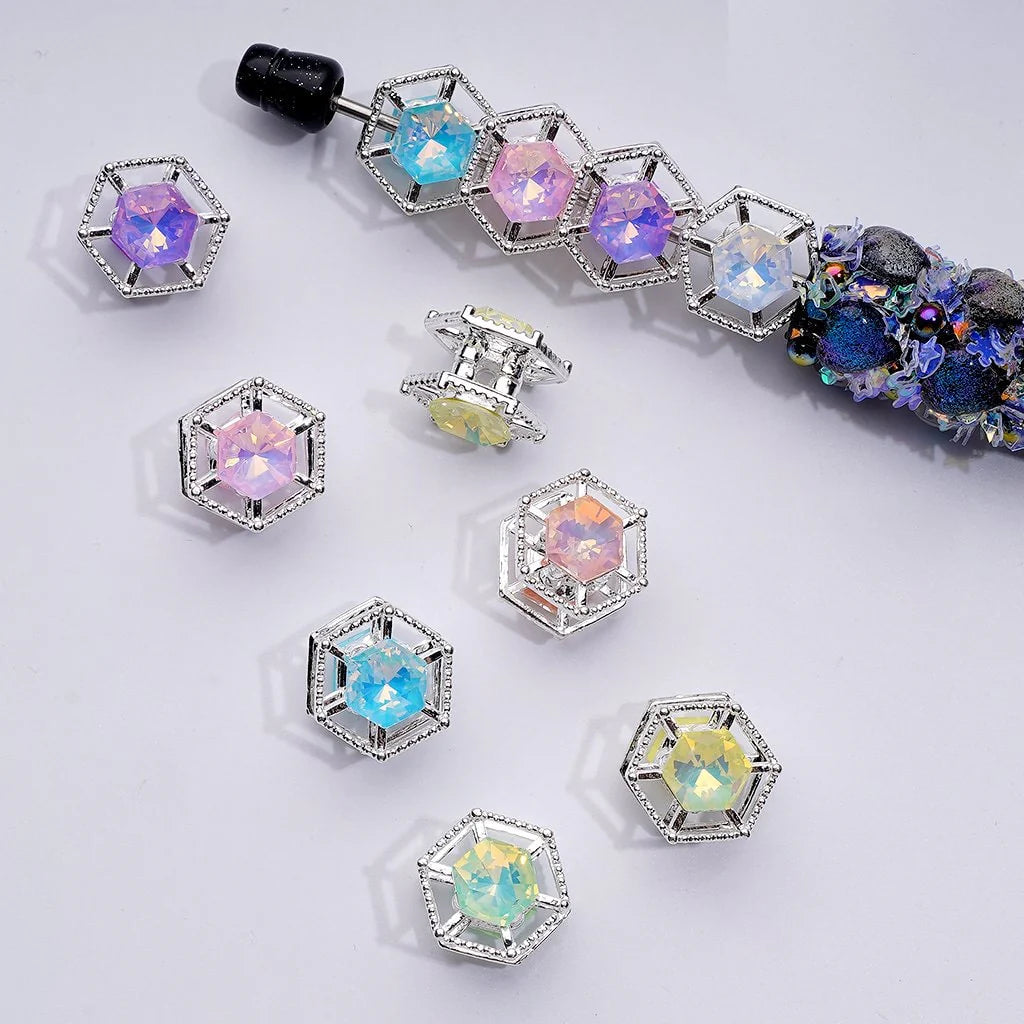 z-Silver Metal Beads Multi-Color Shiny Rhinestones with Fancy Delicate Hexagon Frame, Around 15MM
