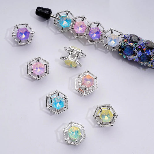 z-Silver Metal Beads Multi-Color Shiny Rhinestones with Fancy Delicate Hexagon Frame, Around 15MM