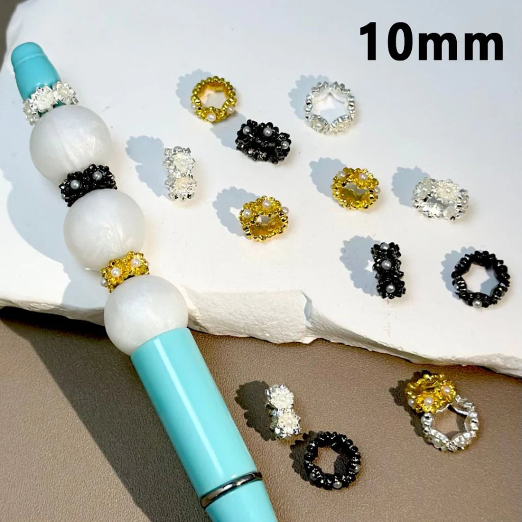 z-Delicate Silver Gold Black Metal Spacer with Flowers White Pearls Inside, 10MM