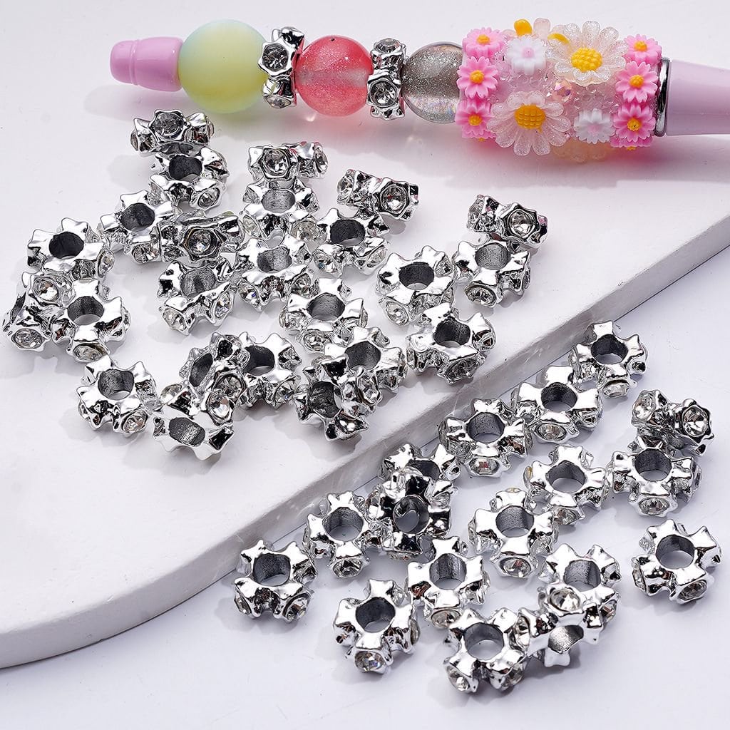 z-Silver Alloy Metal Cross Shape Spacer with Large Hole Clear Rhinestones, 12MM